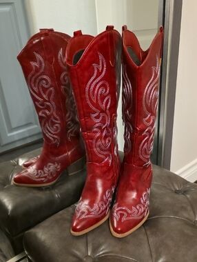 Women's Red Embroidered Over-the-Knee Boots